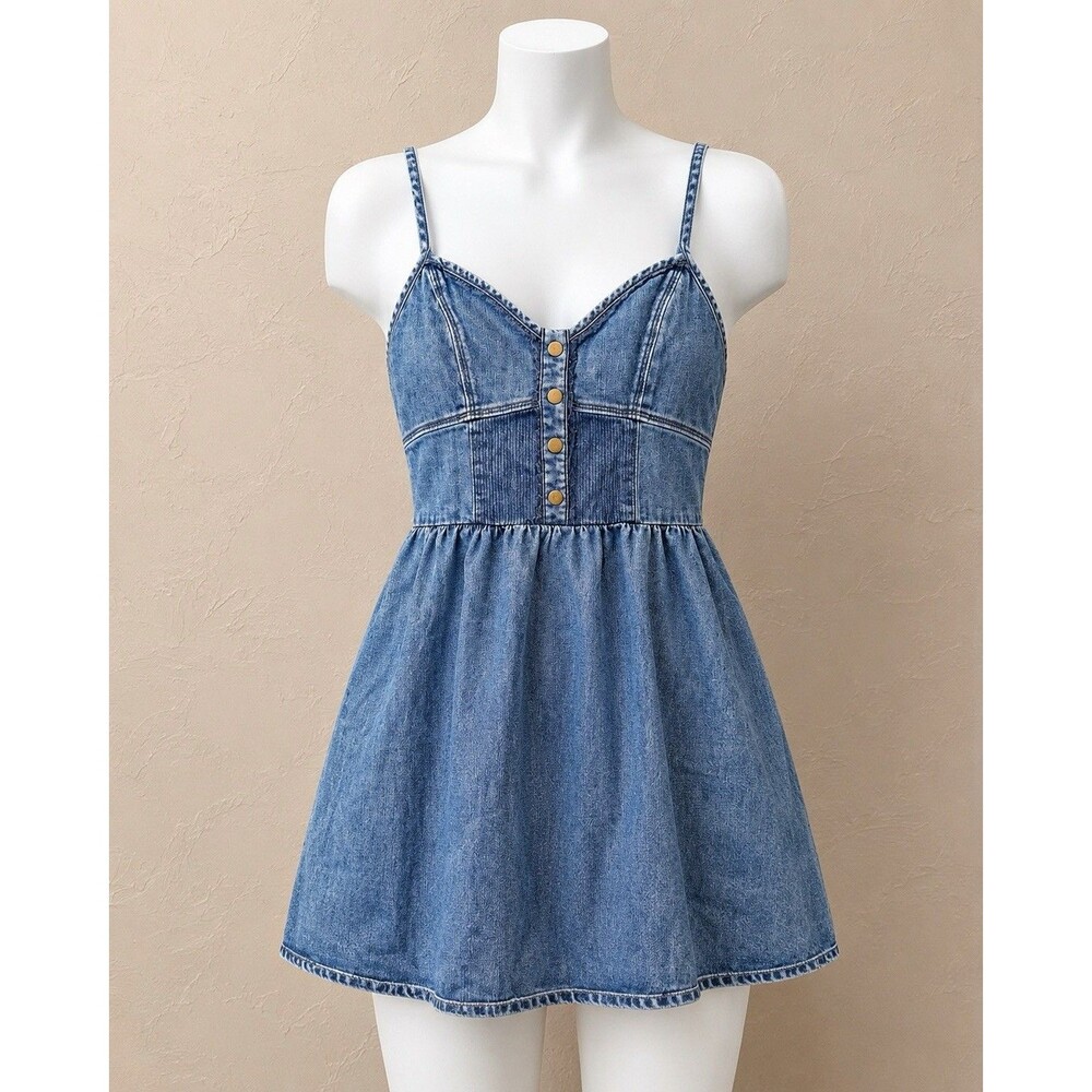Forever Twentyone Denim Mini Dress Blue S Sleeveless Side Pockets Y2K Boho